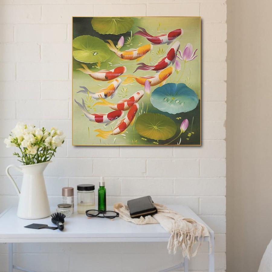 Tranh cửu ngư quần hội sen cá cỡ vuông