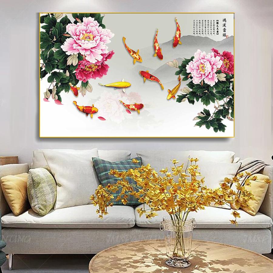 Tranh cửu ngư và hoa mẫu đơn phong thủy