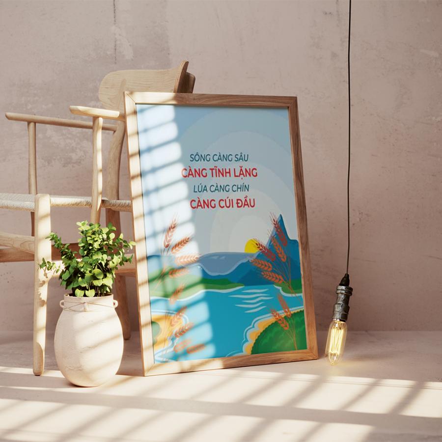 Tranh văn phòng: Sông càng sâu càng tĩnh lặng lúa càng chín càng cúi đầu