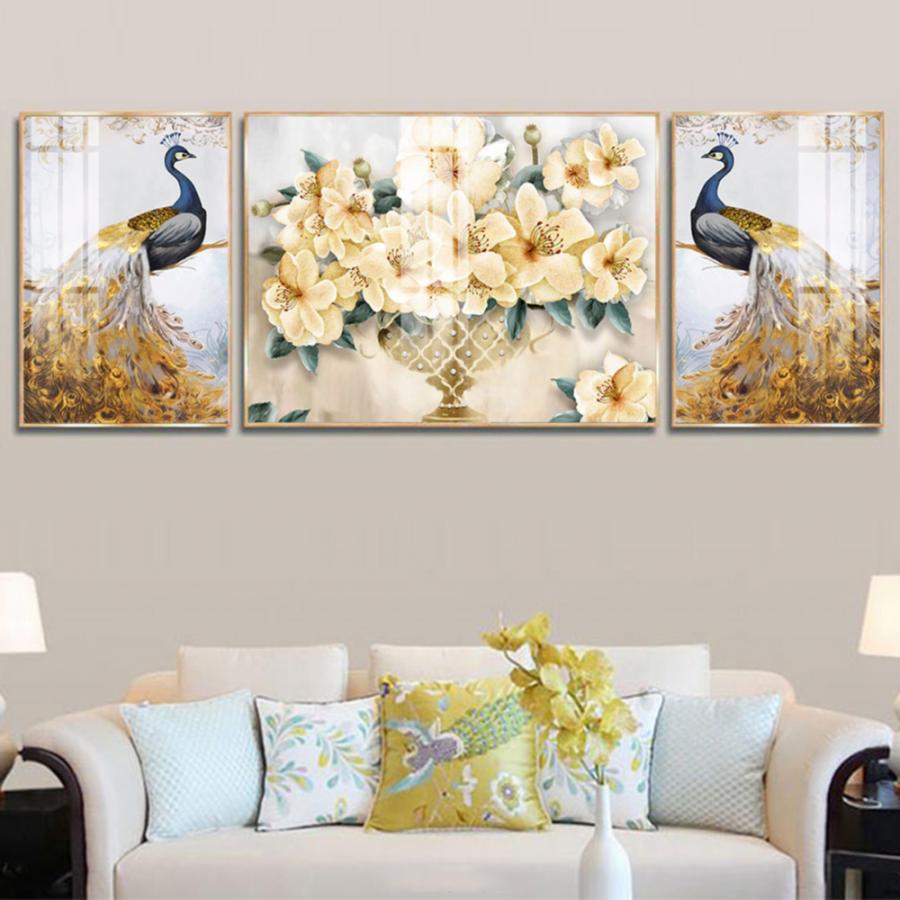 Bộ 3 tranh chim công và hoa vàng nghệ thuật