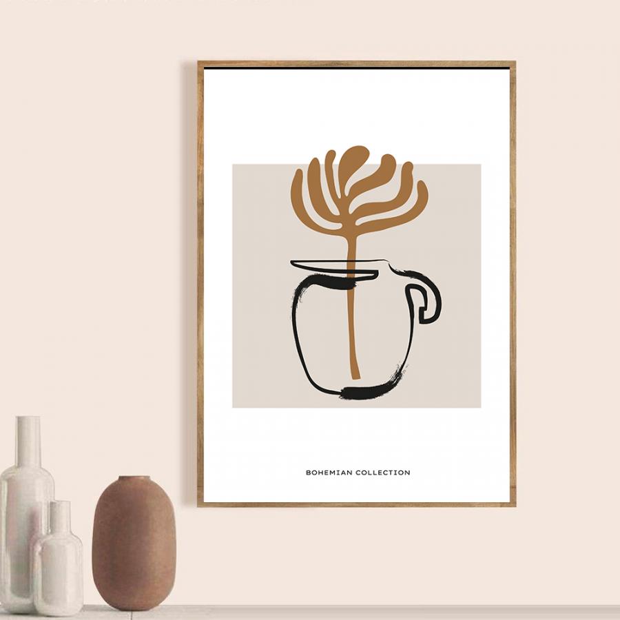 Tranh bohemian tối giản bình hoa và lá cây độc đáo