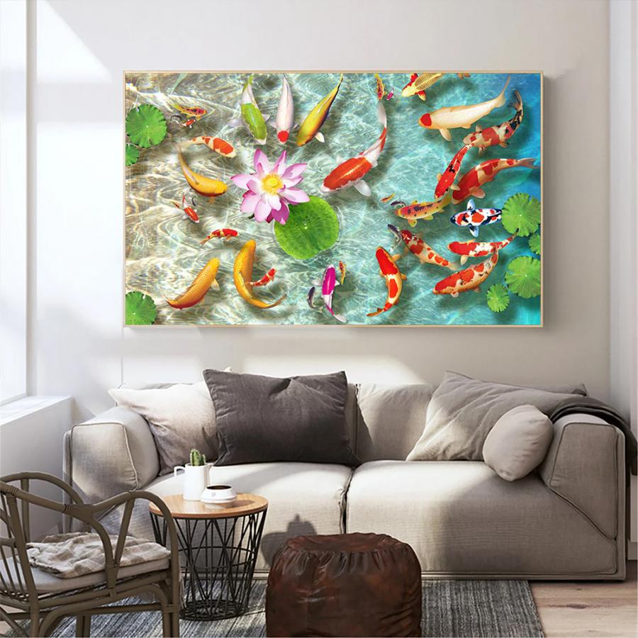Tranh cá chép bên ao sen tuyệt đẹp