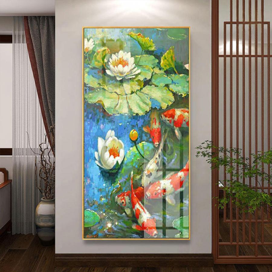 Tranh cá chép và hoa sen trắng