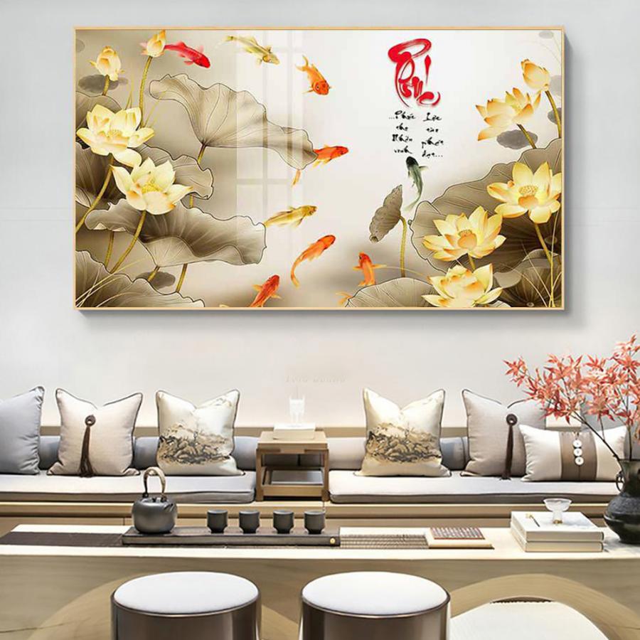 Tranh treo tường cửu ngư hoa sen vàng và chữ Phúc