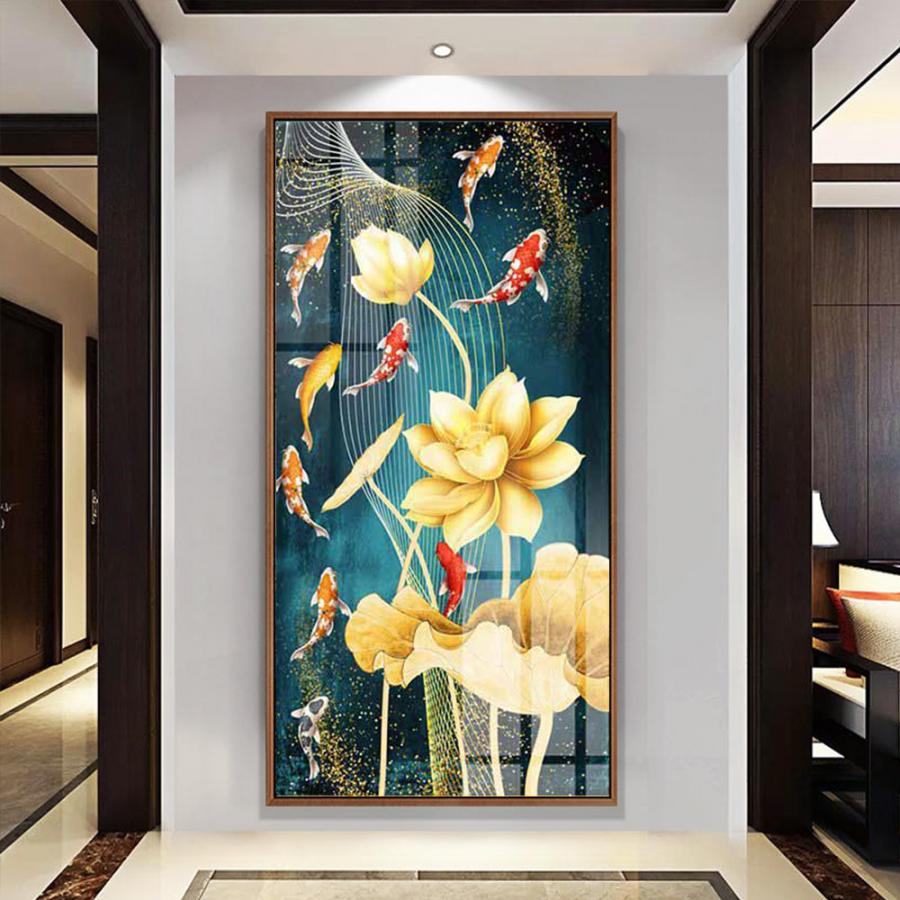 Tranh treo tường cửu ngư và hoa sen vàng