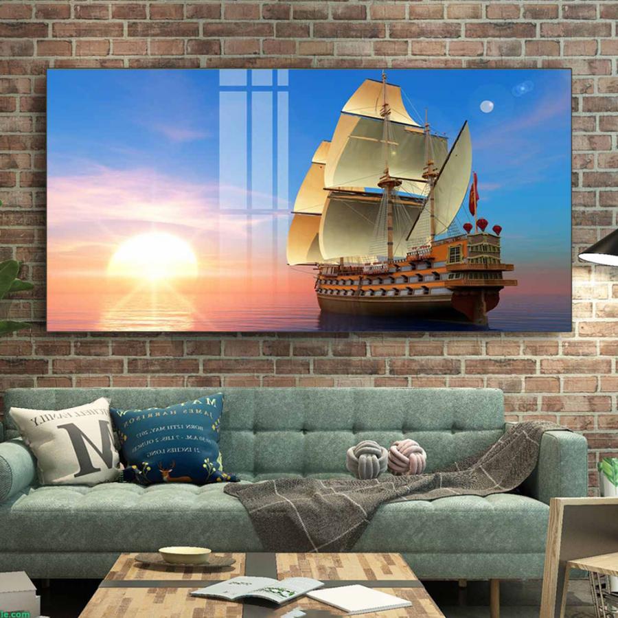 Tranh phong cảnh thuyền buồm trắng khi bình minh