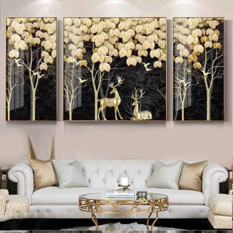 Bộ 3 tranh hươu và cây vàng phong thủy đẹp