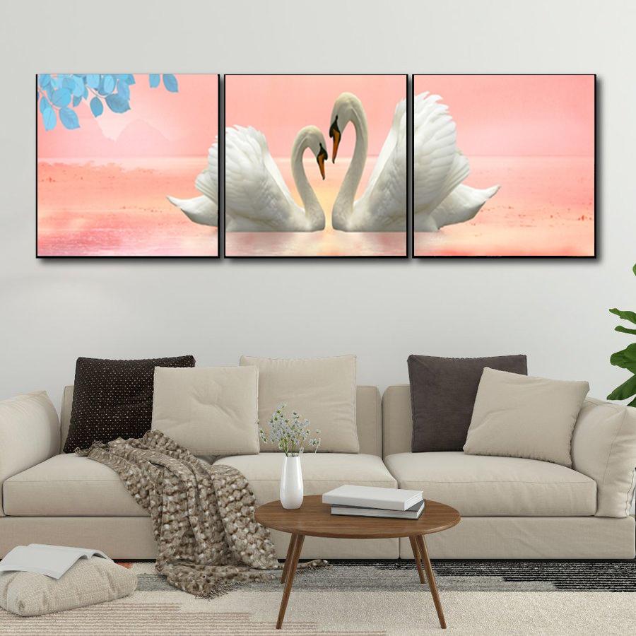 Bộ 3 tranh chim uyên ương nền hồng treo phòng ngủ