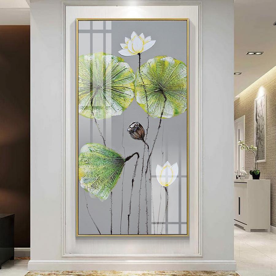 Tranh hoa sen trắng và lá xanh cổ điển