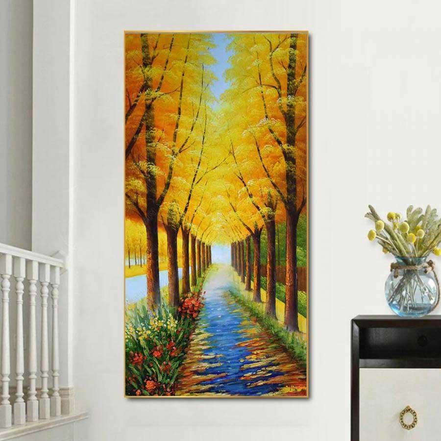 Tranh phong cảnh hàng cây lá vàng phong cách sơn dầu