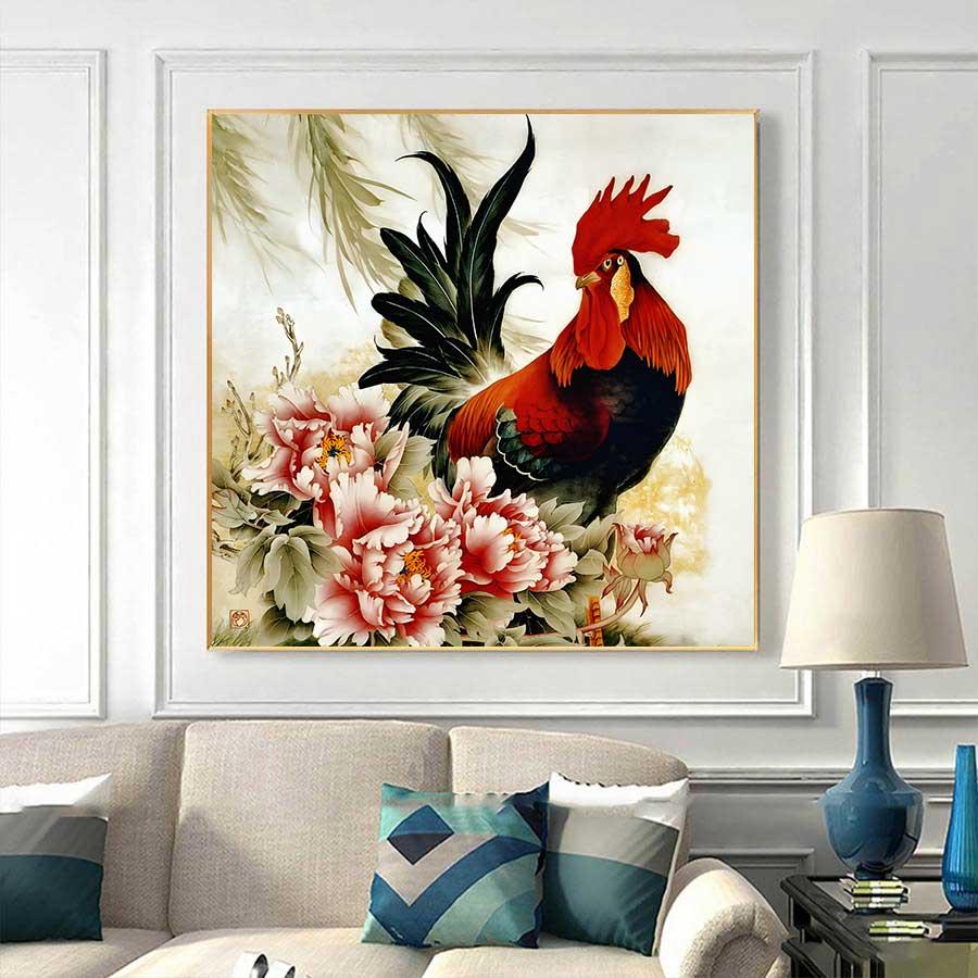 Tranh treo tường gà trống hoa mẫu đơn
