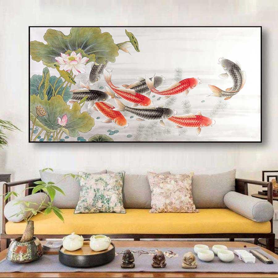 Tranh treo tường phong thủy liên hoa cửu ngư đồ