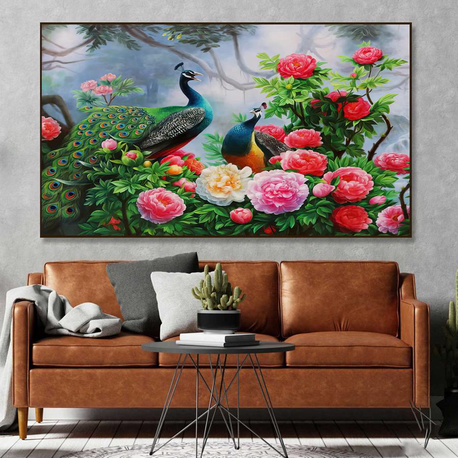 Tranh đôi chim uyên ương bên hoa mẫu đơn đẹp