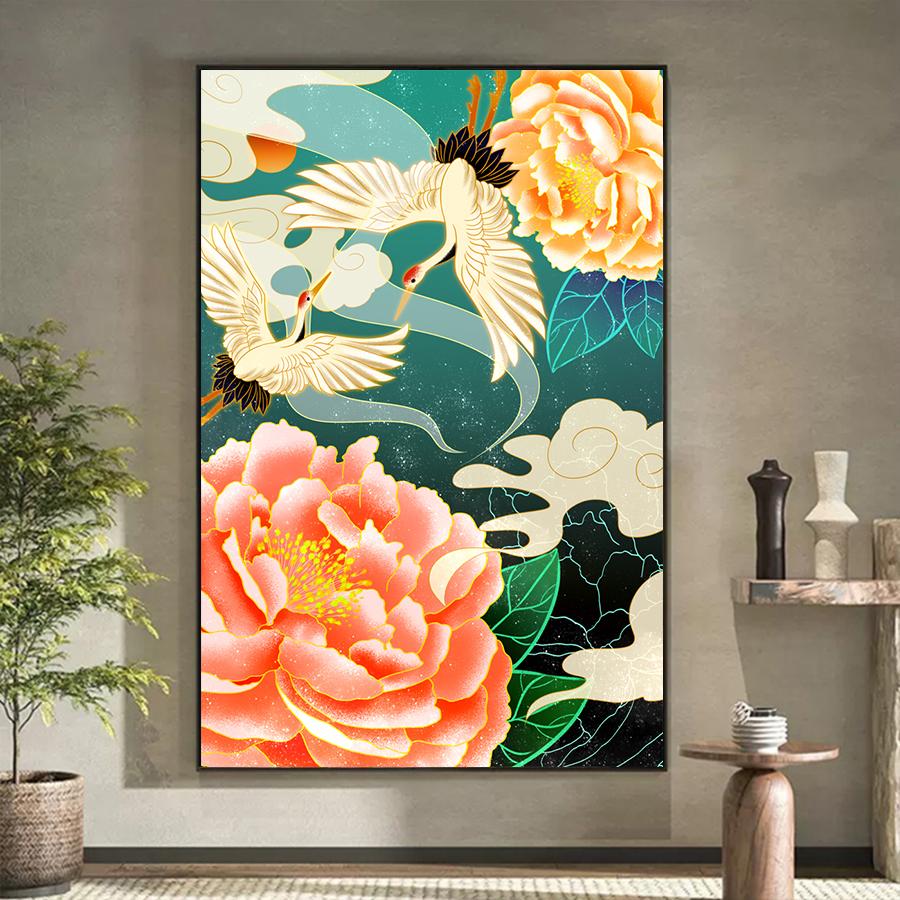 Tranh hạc hoa mẫu đơn nghệ thuật