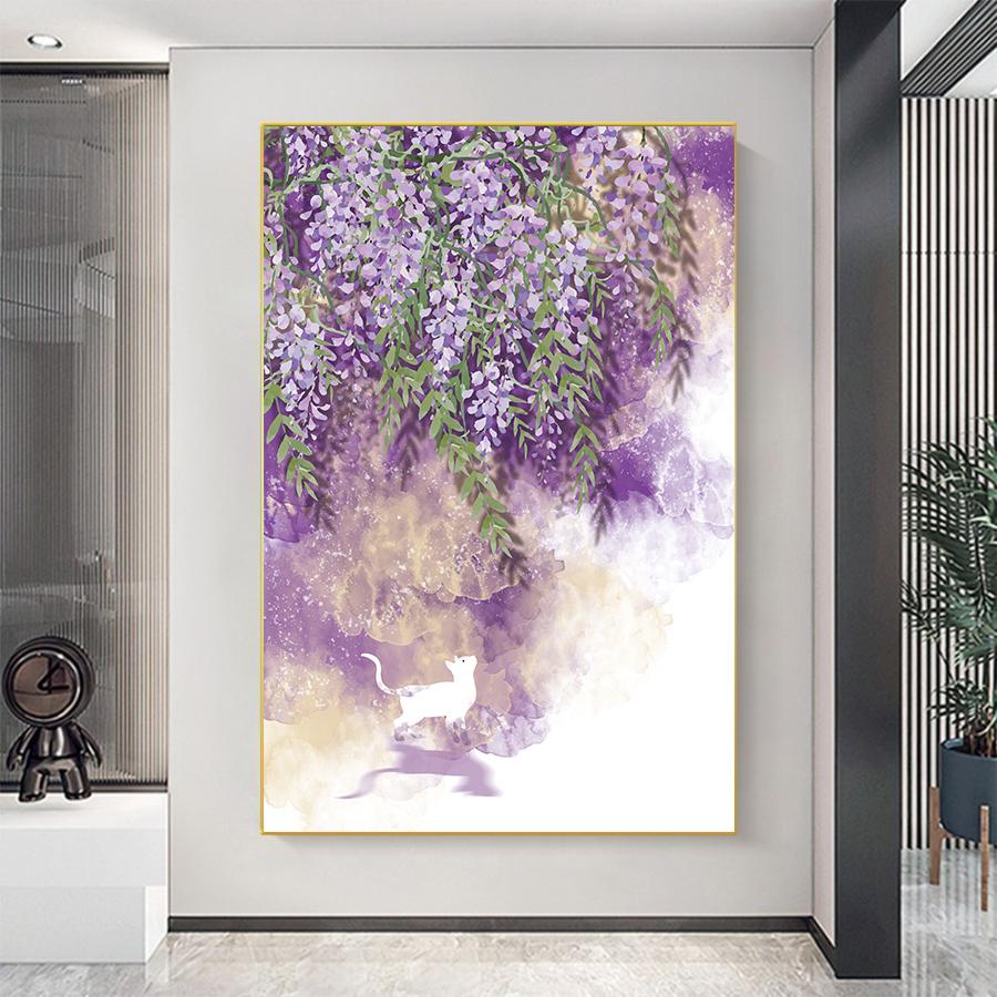 Tranh treo tường chú mèo dưới dàn hoa tím