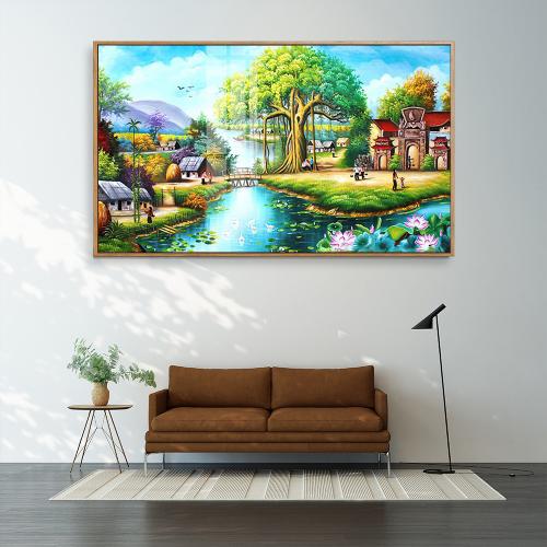 Tranh làng quê cây đa, đình làng sơn dầu in canvas