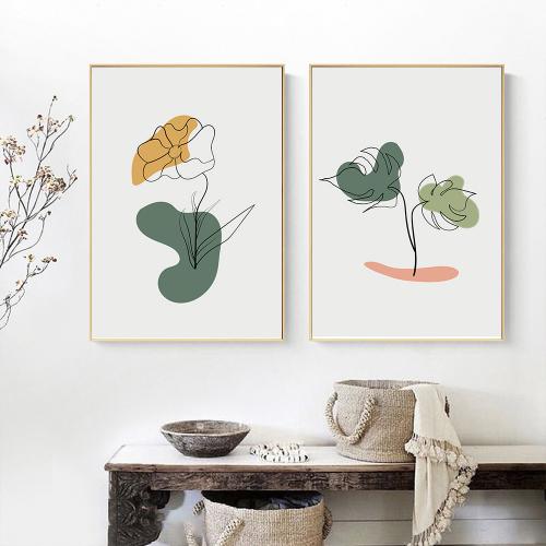 Set 2 tranh treo tường Minimalism lá cây và hoa vẽ tay độc đáo