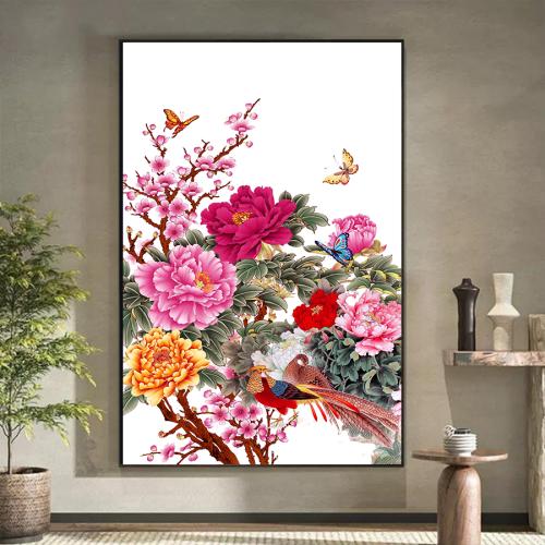 Tranh treo tường hoa mẫu đơn chim công may mắn phú quý