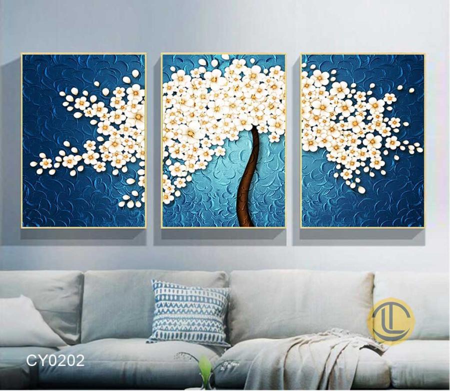 Bộ 3 tranh treo tường hoa mai trắng hiện đại