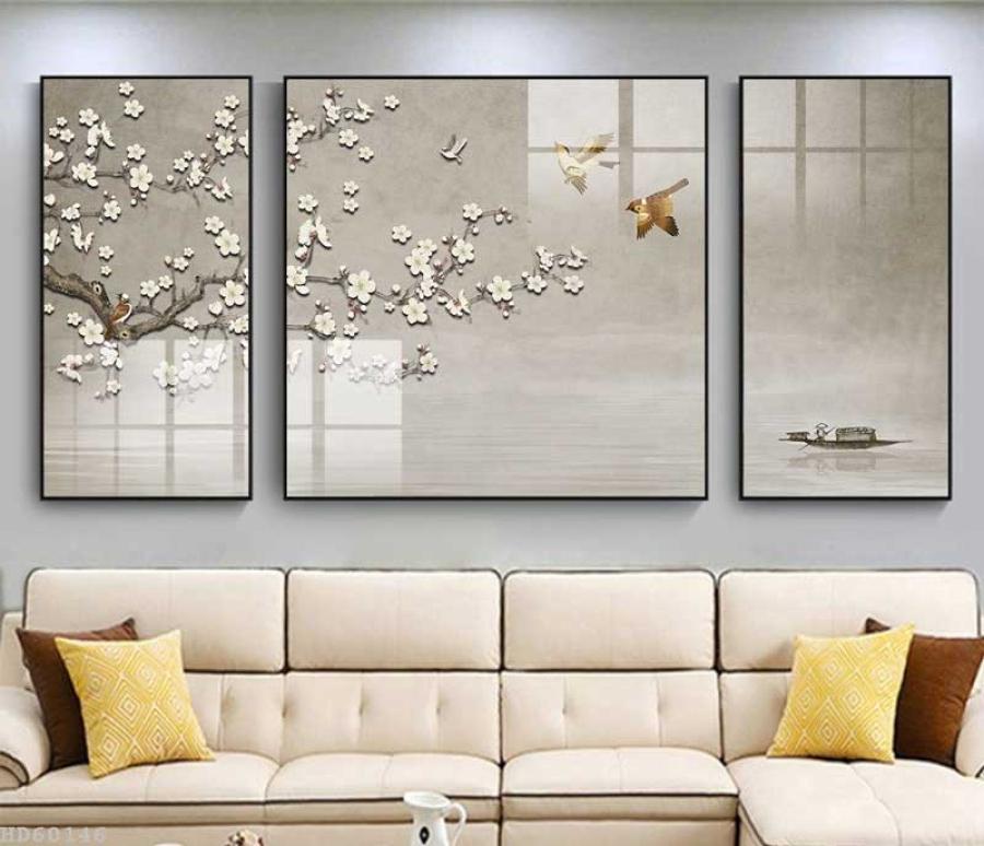 Bộ 3 tranh hoa mai trắng thủy mặc sang trọng