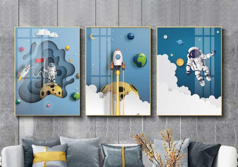 Bộ 3 tranh trang trí phòng bé trai hình vũ trụ đẹp mắt