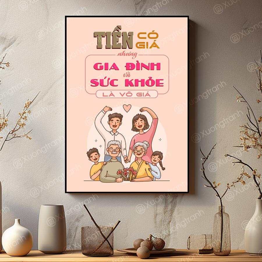Tranh slogan văn phòng: Tiền có giá nhưng gia đình và sức khỏe là vô giá