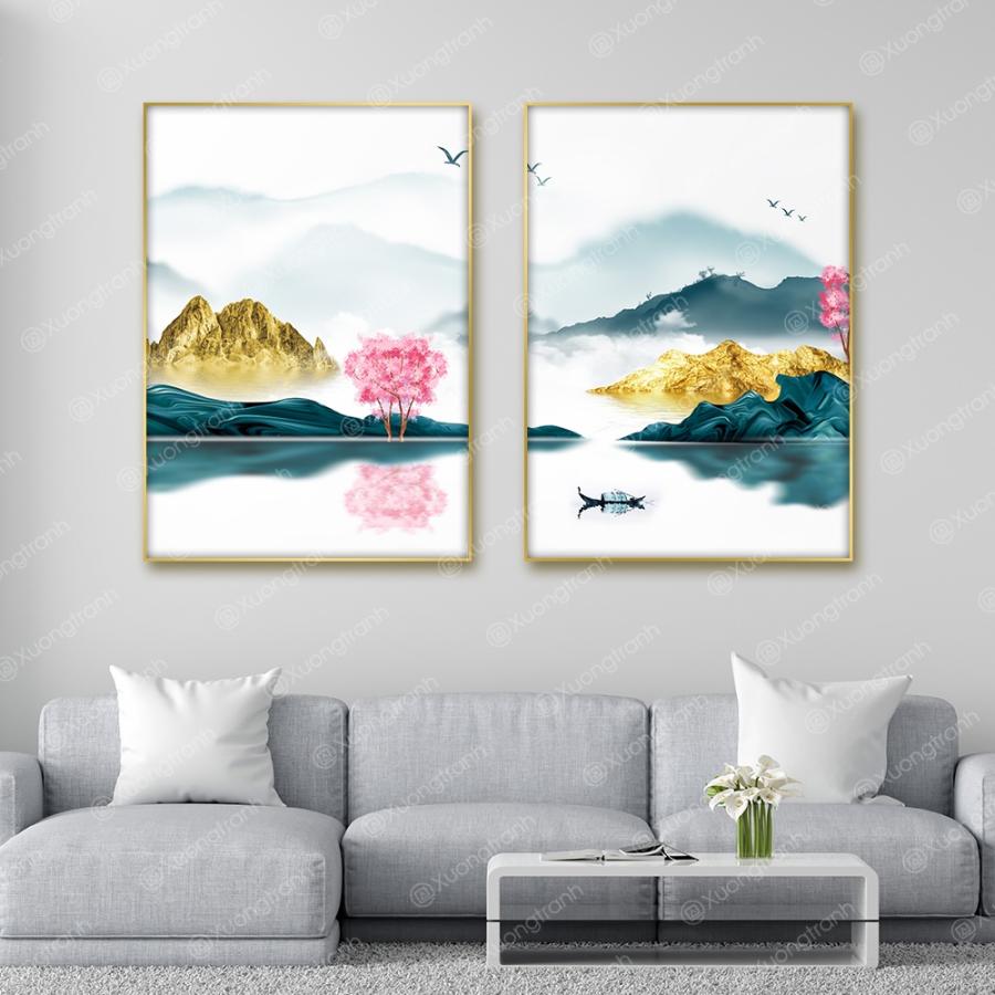 Bộ 2 tranh trang trí phòng khách phong cảnh hồ nước
