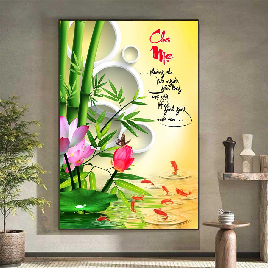 Tranh thư pháp cha mẹ hoa sen cá chép đẹp