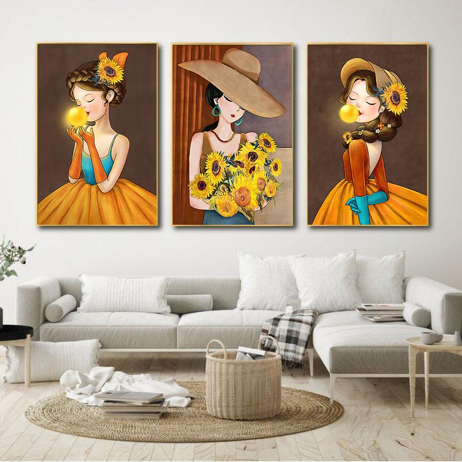 Bộ tranh treo phòng khách cô gái và hoa hướng dương