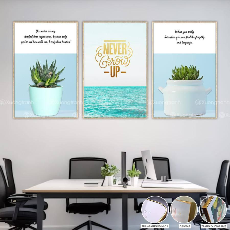 Bộ ba tranh văn phòng cây xanh và typography hiện đại