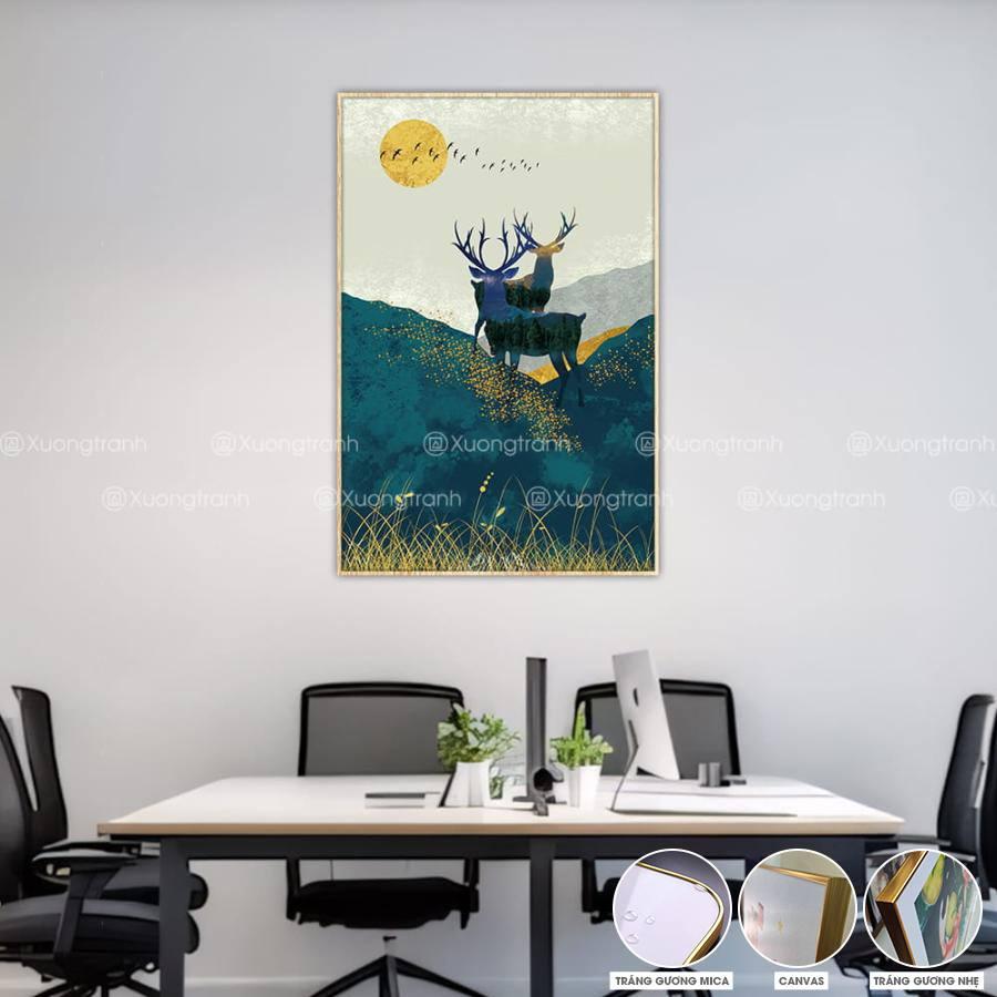 Tranh văn phòng trừu tượng đôi hươu đứng giữa đại ngàn