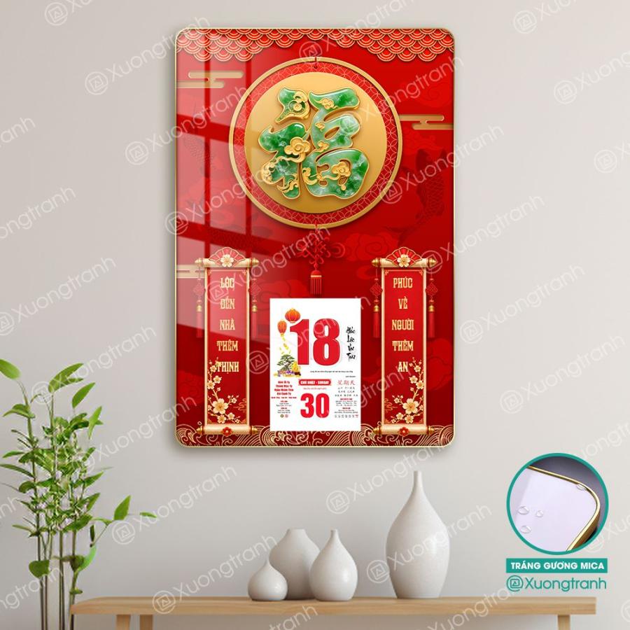Đốc lịch tranh tráng gương mica Tết chữ Phúc ngọc bích mạ vàng