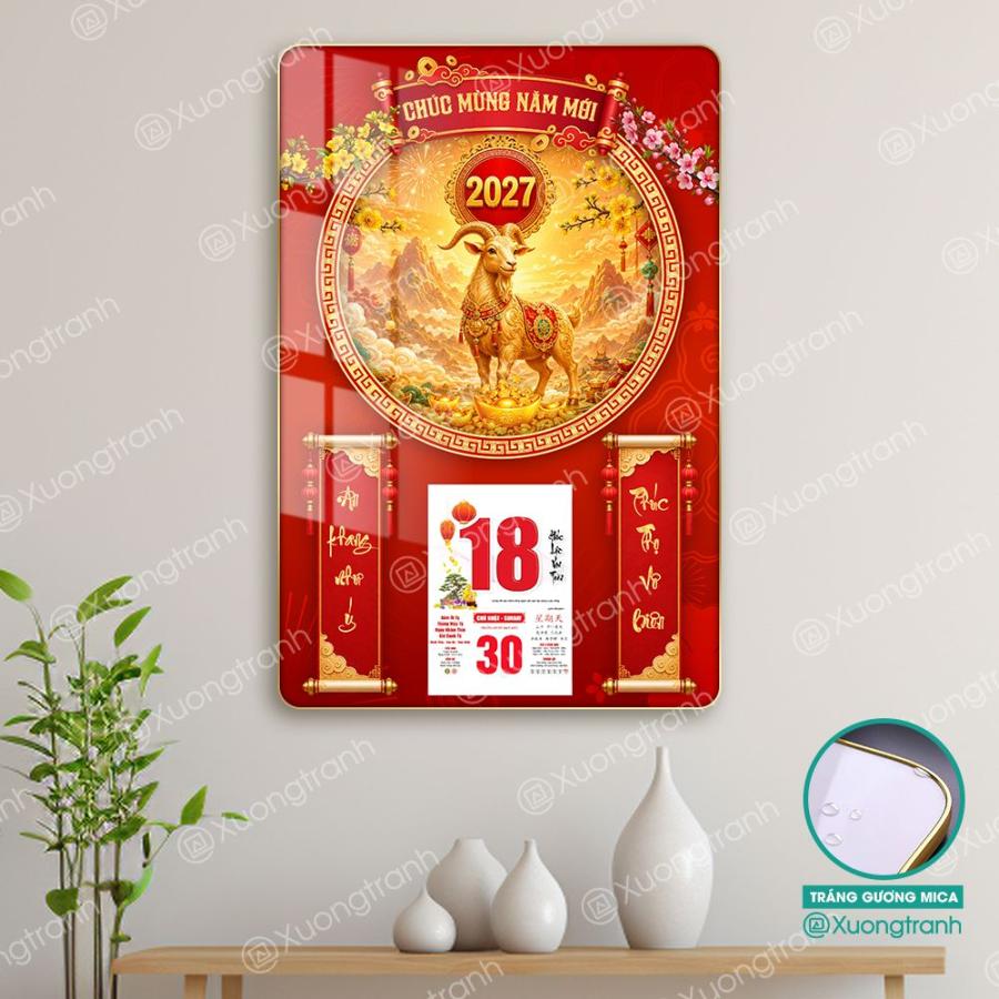 Đốc lịch tranh tráng gương mica Tết 2027 Dê vàng cát tường