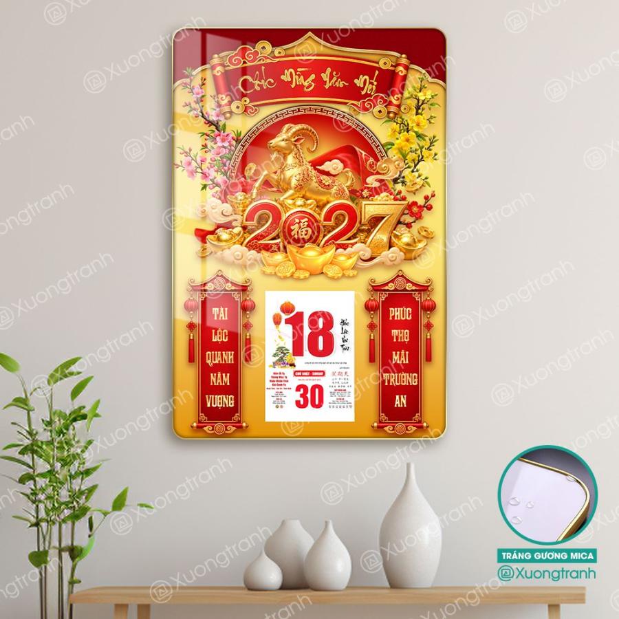 Đốc lịch tranh tráng gương mica Tết 2027 nền đỏ vàng tài lộc