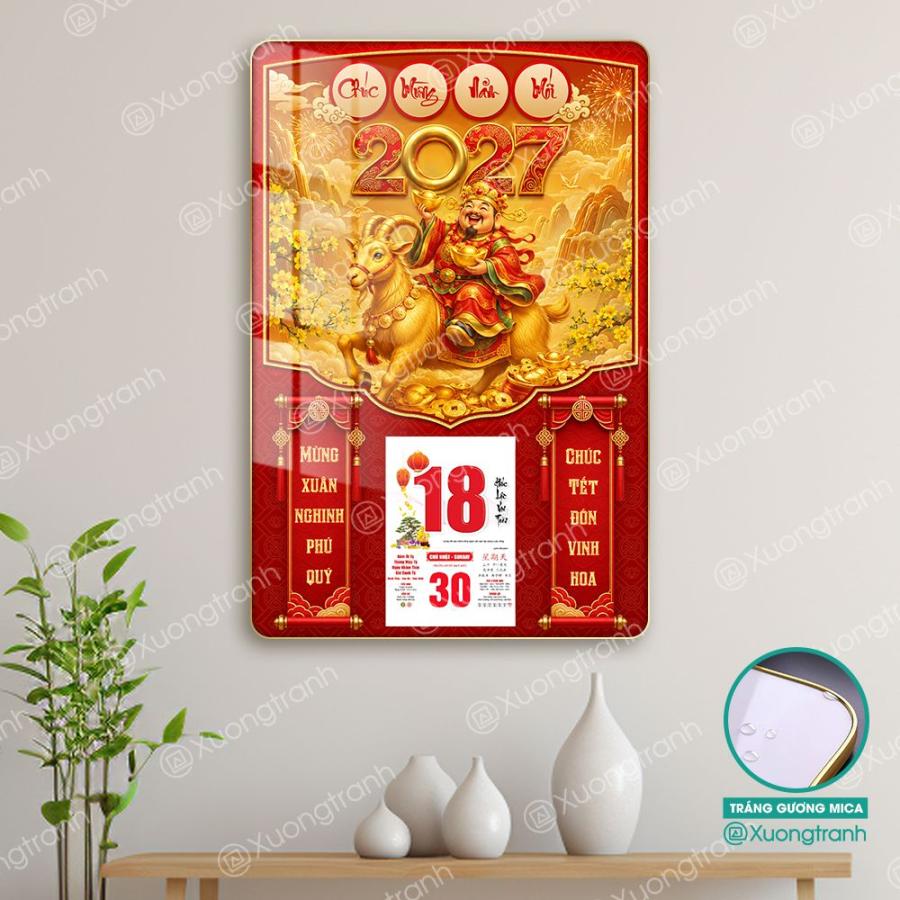 Đốc lịch tranh tráng gương mica Tết Thần Tài cưỡi Dê vàng