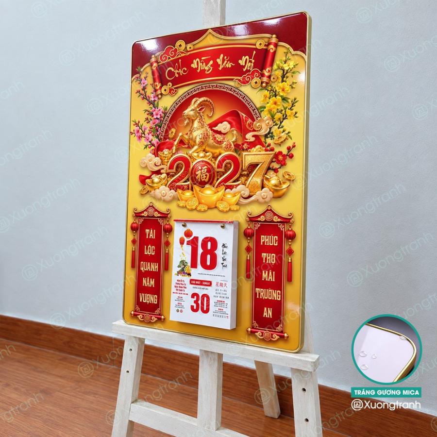 Đốc lịch tranh tráng gương mica Tết 2027 nền đỏ vàng tài lộc