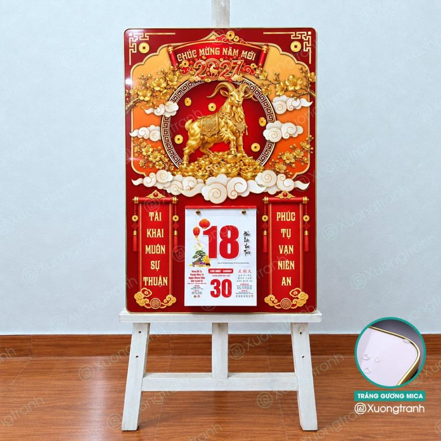 Đốc lịch tranh tráng gương mica Tết 2027 Dê vàng tài lộc và may mắn