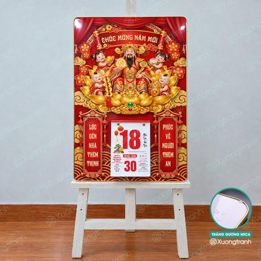 Đốc lịch tranh tráng gương mica Tết Thần Tài thiết kế sang trọng