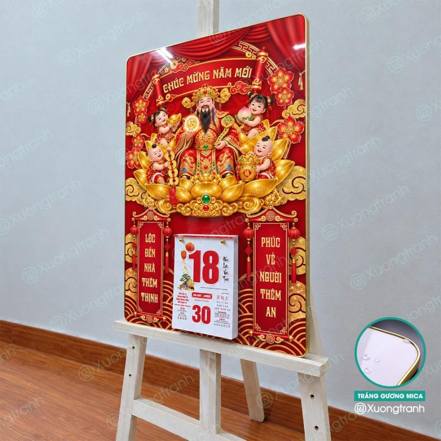 Đốc lịch tranh tráng gương mica Tết Thần Tài thiết kế sang trọng