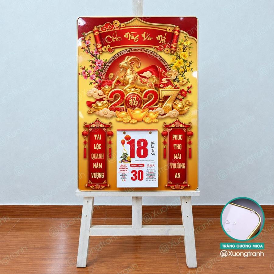 Đốc lịch tranh tráng gương mica Tết 2027 nền đỏ vàng tài lộc