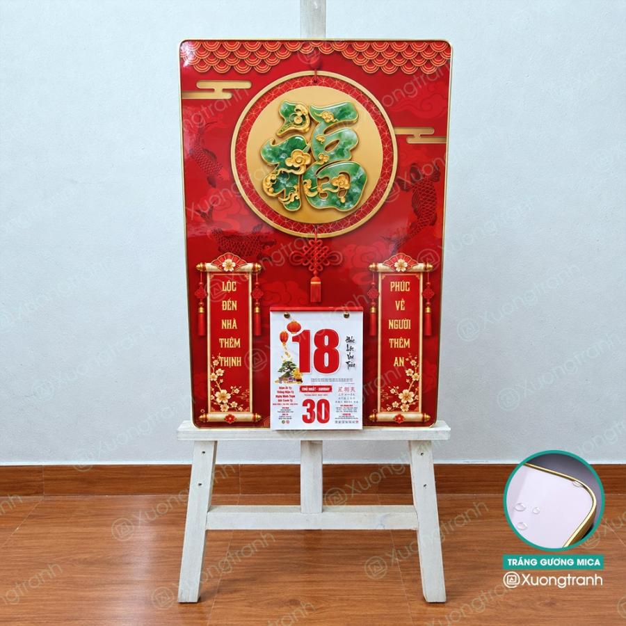 Đốc lịch tranh tráng gương mica Tết chữ Phúc ngọc bích mạ vàng