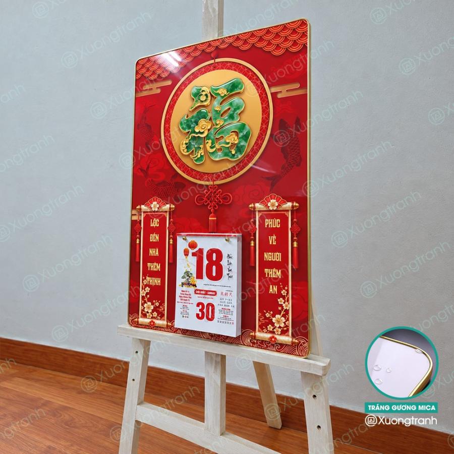 Đốc lịch tranh tráng gương mica Tết chữ Phúc ngọc bích mạ vàng