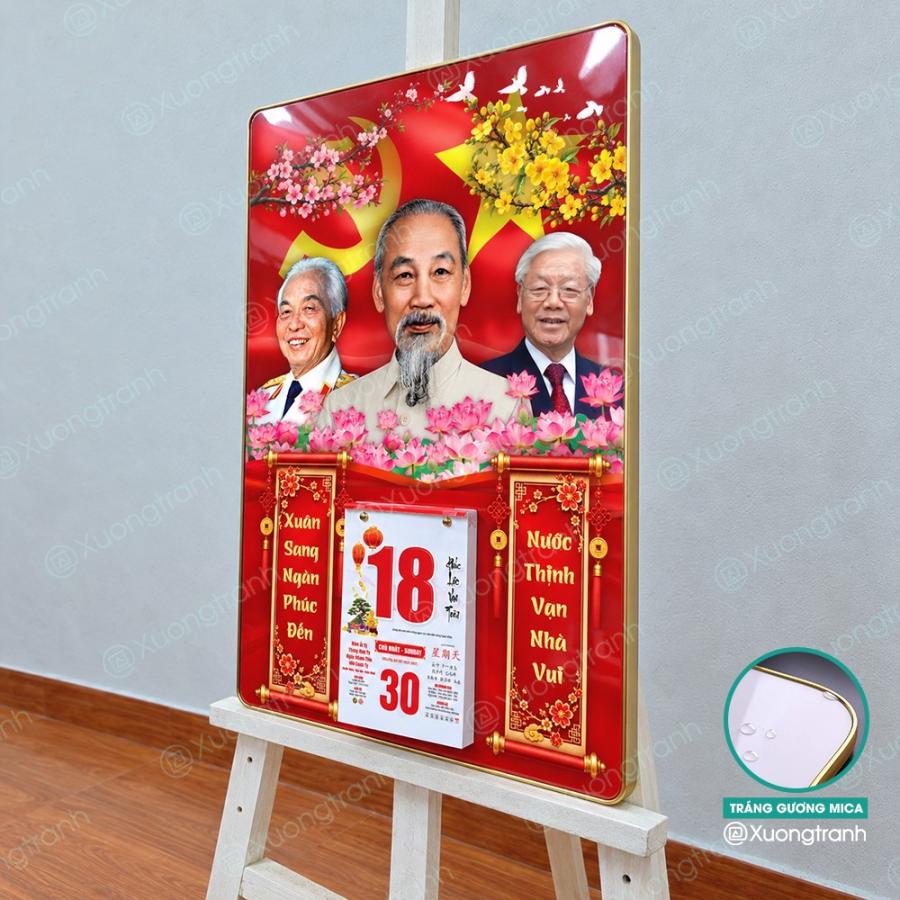 Đốc lịch tranh tráng gương mica Bác Hồ, Bác Giáp, Bác Trọng treo tường trang trọng