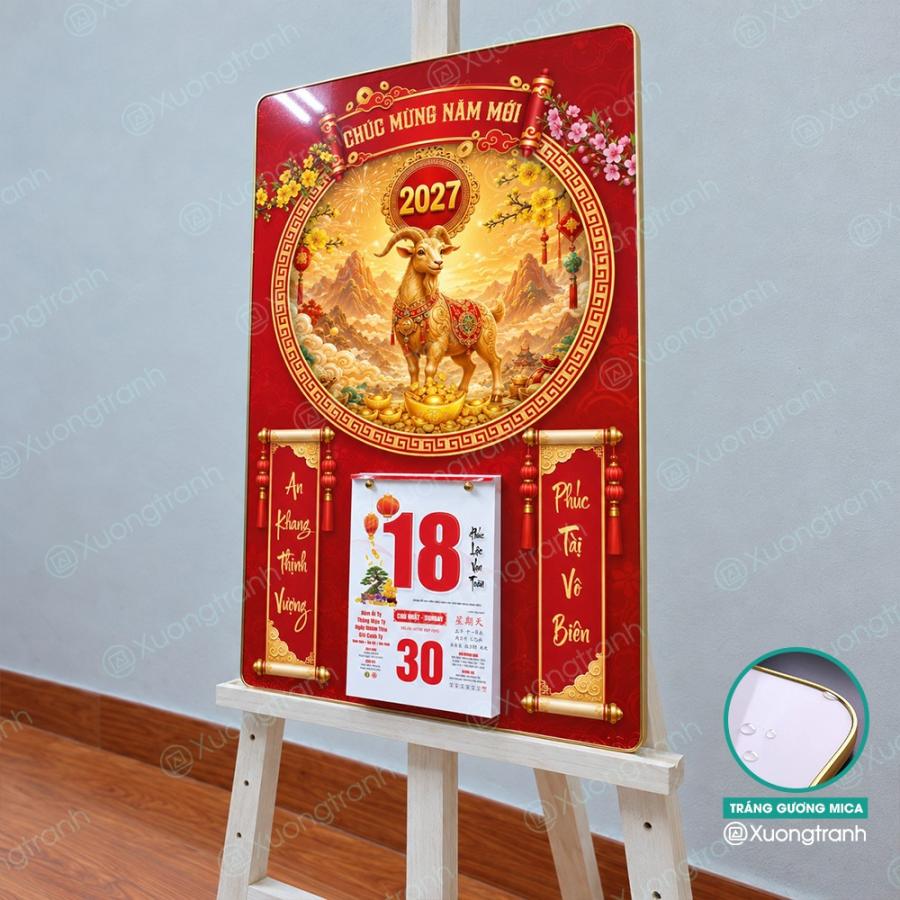 Đốc lịch tranh tráng gương mica Tết 2027 Dê vàng cát tường