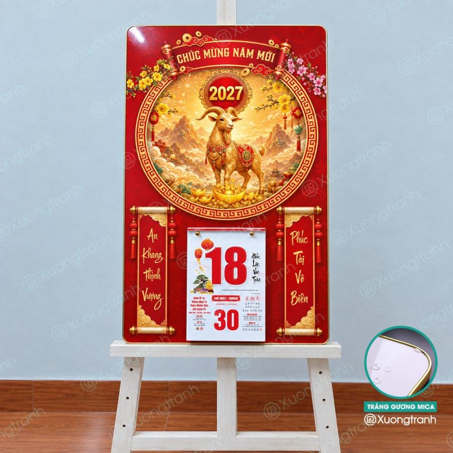 Đốc lịch tranh tráng gương mica Tết 2027 Dê vàng cát tường
