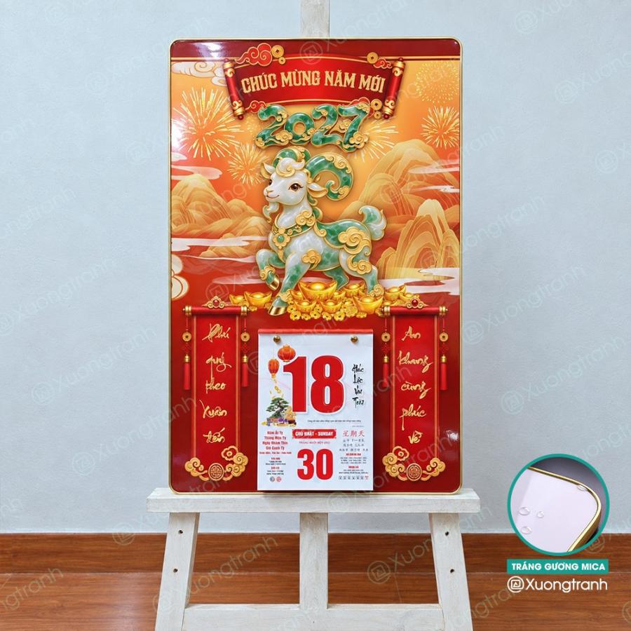 Đốc lịch tranh tráng gương mica Tết 2027 Dê ngọc tài lộc