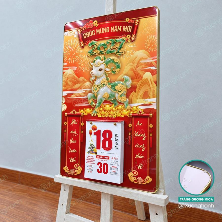 Đốc lịch tranh tráng gương mica Tết 2027 Dê ngọc tài lộc
