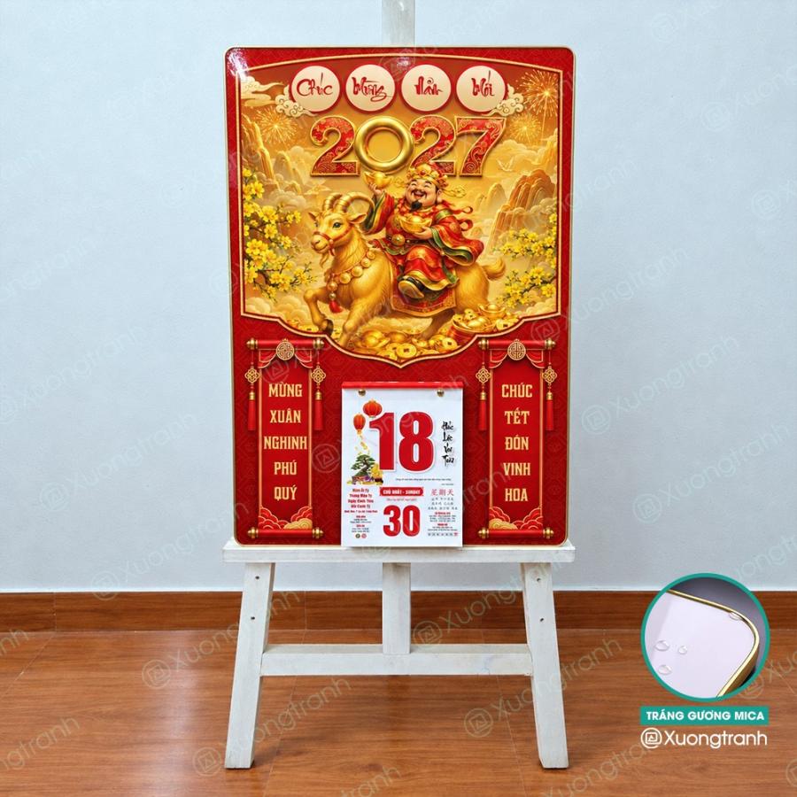 Đốc lịch tranh tráng gương mica Tết Thần Tài cưỡi Dê vàng