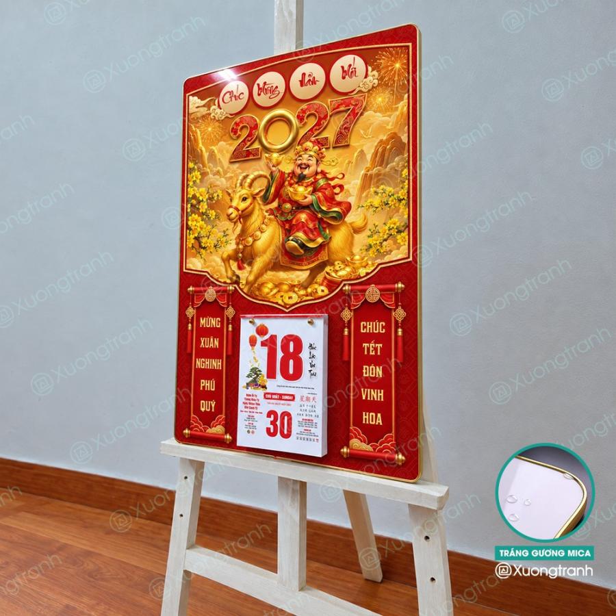 Đốc lịch tranh tráng gương mica Tết Thần Tài cưỡi Dê vàng
