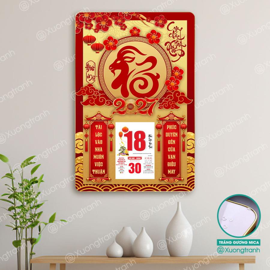 Đốc Lịch Tranh Tráng Gương 2027 Chữ Phúc Hình Dê Tài Lộc May Mắn